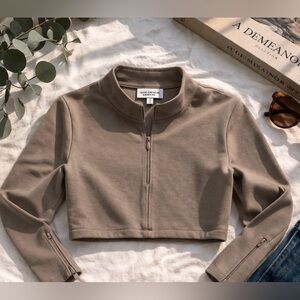Good American Taupe Cropped Zip Mock Neck Top